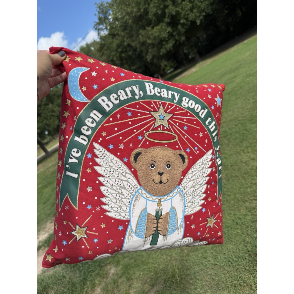 Vintage Decorative Christmas Bear Throw Pillow Puff Paint โBeary Good This Yearโ